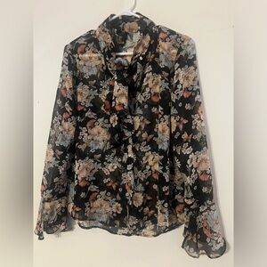 Forever 21 Bell Sleeve Floral Butterfly Print Blouse large